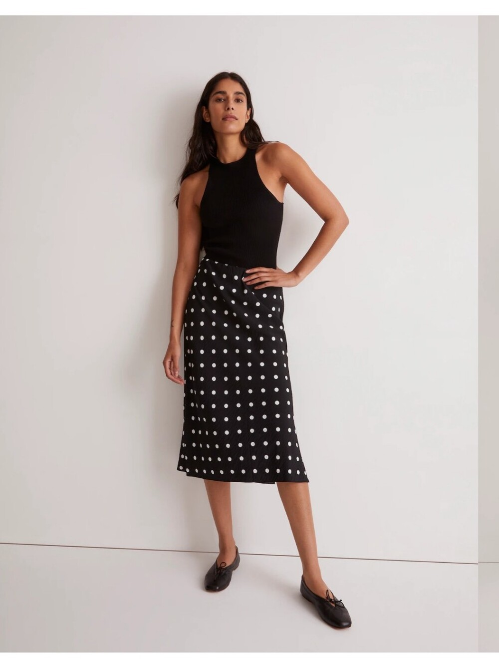 Madewell Layton Midi Slip Skirt Black Polka Dot Side Slit Womens 4 90s career